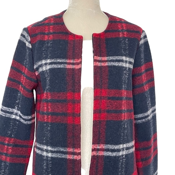 Max Studio Wool Blend Plaid Open Front Coat Women’s Size S Red Navy Pockets - Picture 3 of 7